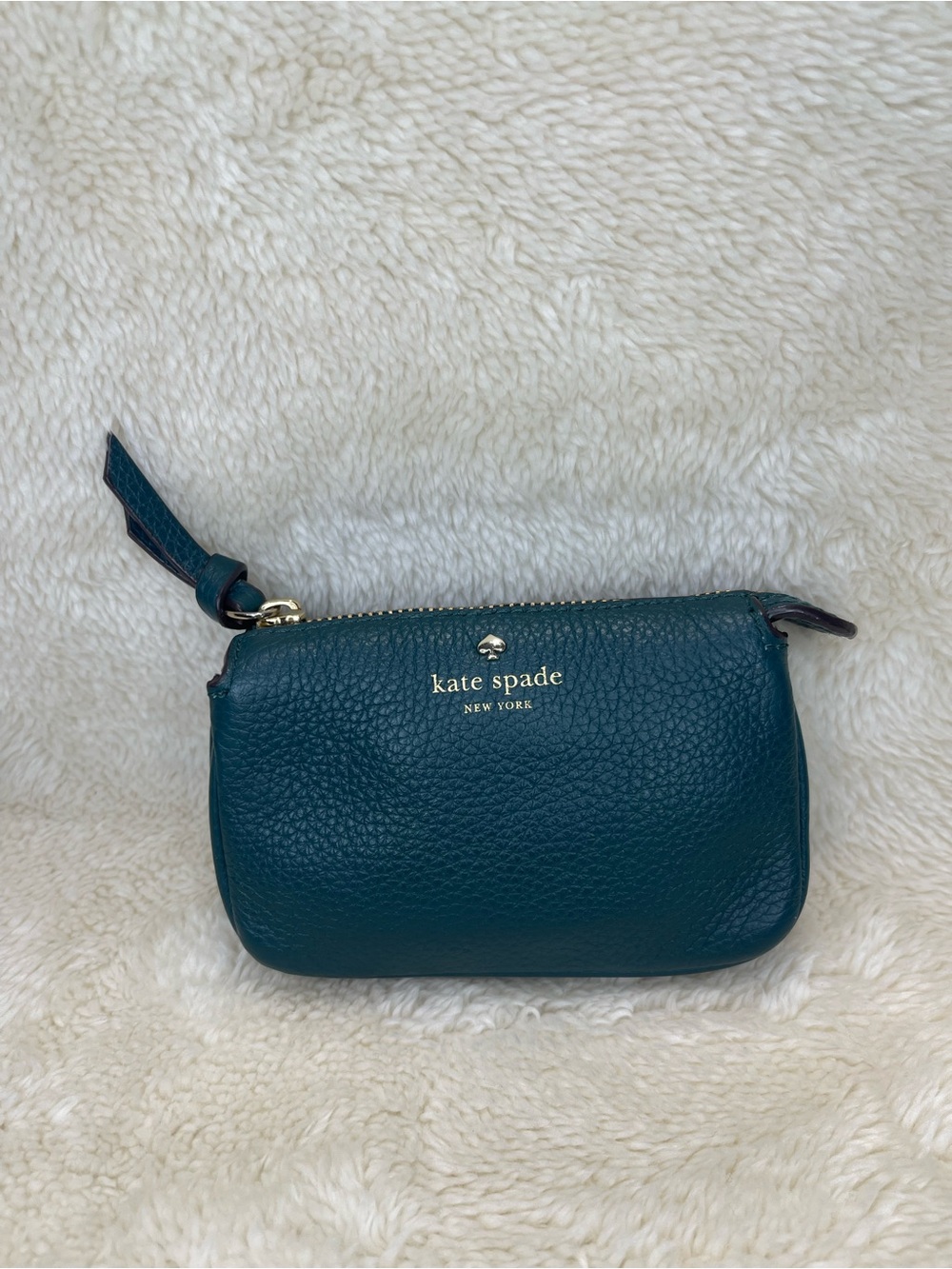 Kate Spade Forest Green Pebbled 100% Cow Leather Natasha Zip Card Coin Wallet
